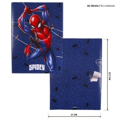 Capa caderno A4 azul com Spiderman e teias de aranha, texto SPIDEY, 21x29,7 cm