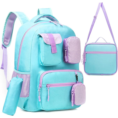 Mochila azul e lilás com bolsos e bolsa tira-colo azul