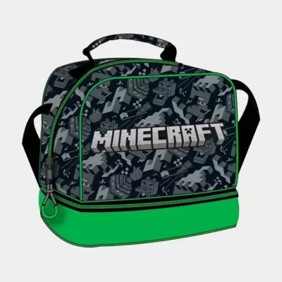 Mala lancheira Minecraft preta, cinza e verde com logótipo