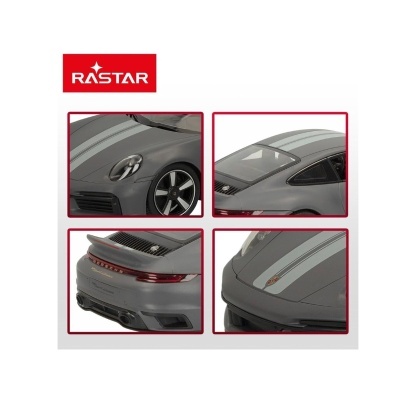 Carro de brinquedo cinzento com faixas e emblema Porsche em várias vistas