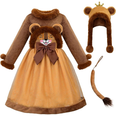 Vestido de fantasia infantil de leão castanho com chapéu e rabo felpudo