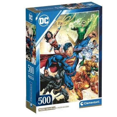Caixa de puzzle de 500 peças DC Comics com super-heróis coloridos