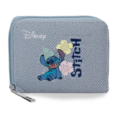 Carteira azul claro com personagem Stitch da Disney e flores coloridas