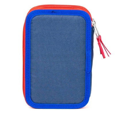 Estojo retangular azul escuro com bordas azul e vermelho e fecho zip vermelho.
