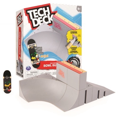 Conjunto Tech Deck Bowl Builder com rampa cinza, prancha preta e embalagem com texto
