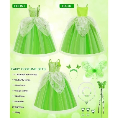 Vestido de fada verde com saia rodada e acessórios de fada