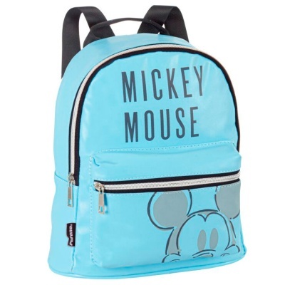Mochila azul clara com texto MICKEY MOUSE e desenho de Mickey Mouse