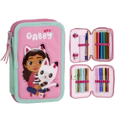 Estojo escolar rosa Hey Gabby com material de escrita colorido