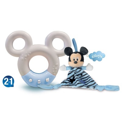 Brinquedo dentição Mickey Mouse cinza e azul com boneco peluche azul e preto às riscas