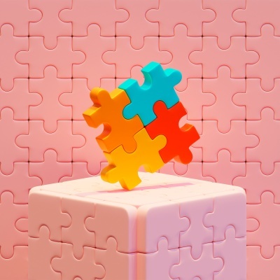 Quebra-cabeças colorido sobre cubo e fundo rosa de peças de quebra-cabeça