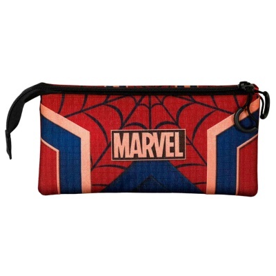 Estojo retangular vermelho e azul com padrão de teia e logo MARVEL