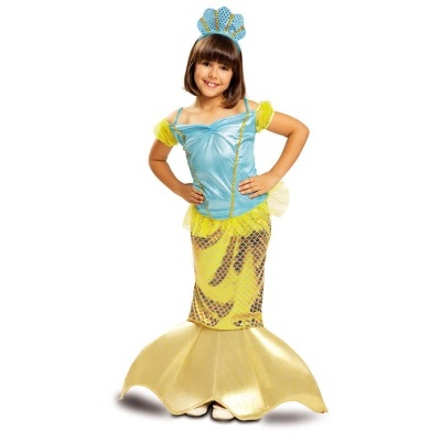 Fato de sereia infantil azul claro, amarelo e dourado com tiara