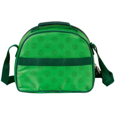 Mala verde com padrão de círculos e símbolo dos Vingadores