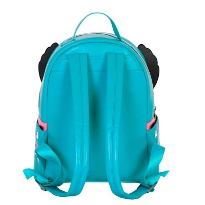 Mochila infantil azul turquesa com alças acolchoadas vista de costas