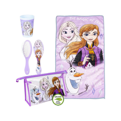 Conjunto infantil Frozen com copo, escova, espelho, necessaire e toalha lilás com personagens e texto