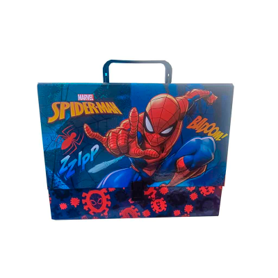 Mala de mão infantil azul com Spider-Man e textos coloridos