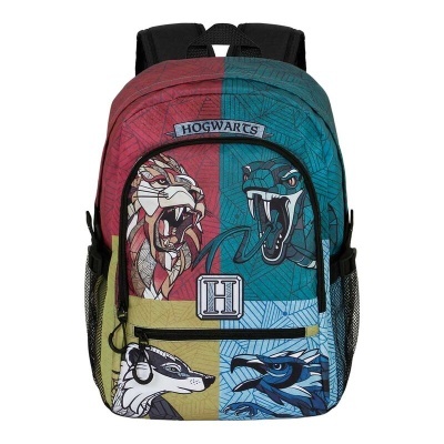 Mochila colorida com mascotes das casas de Hogwarts e texto HOGWARTS