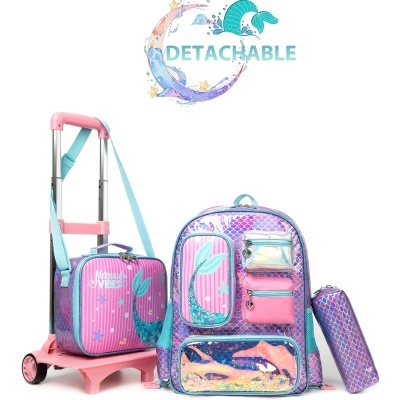 Conjunto escolar colorido com padrão de escamas e desenho de sereias