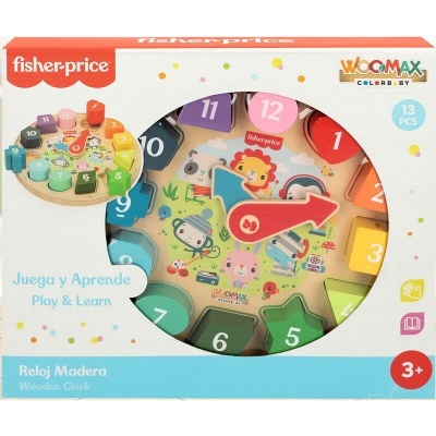 Relógio de madeira colorido Fisher-price com números em formas geométricas e desenhos de animais, na embalagem.