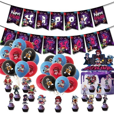 Decoração para festa de aniversário com bandeirolas, balões, cupcakes e bolo temático com personagens de videojogos