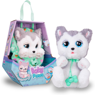 Ursinho de peluche cinzento e branco com laço verde e embalagem azul Baby Paws
