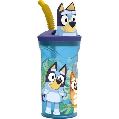 Copo infantil azul transparente com tampa roxa e canudo amarelo com personagens caninos