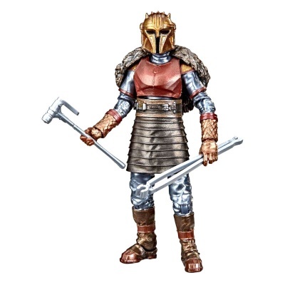 Figura de ação de guerreiro com capacete dourado e armadura metálica