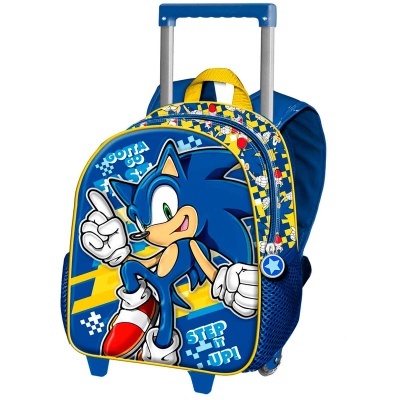 Mala de rodas azul com estampa do Sonic e texto motivacional