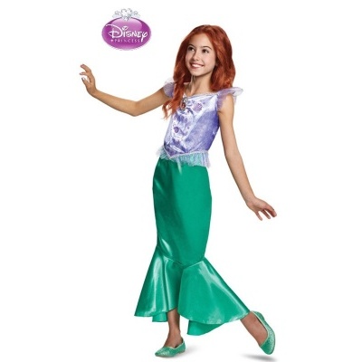 Fantasia infantil da princesa Ariel da Disney com camisola lilás e saia verde esmeralda