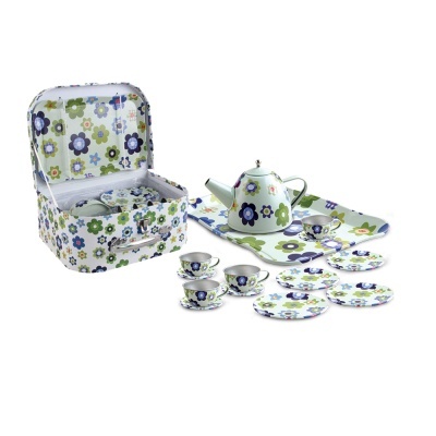 Conjunto infantil de chá em porcelana com padrão de flores em mala forrada