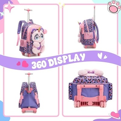 Mochila infantil com rodas rosa e roxa com unicórnio 3D e padrão animal print mostrada de vários ângulos