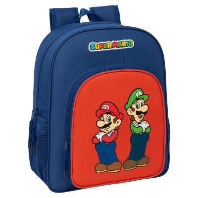 Mochila azul e vermelha Super Mario com personagens Mario e Luigi estampados