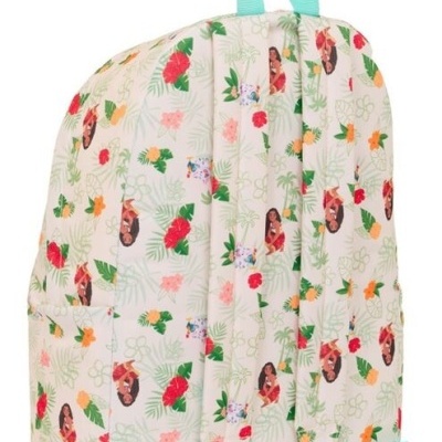 Mochila estampada com flores e imagens de mulheres, alças e pega azuis claras