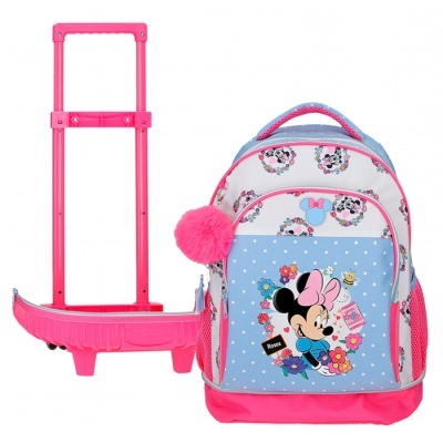 Mochila infantil da Minnie com padrão floral e estrutura de rodinhas cor-de-rosa