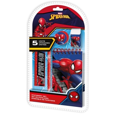 Conjunto de papelaria Spider-Man com régua, borracha e caderno de notas.