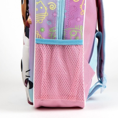 mochila infantil rosa com bolso lateral de malha e padrão colorido
