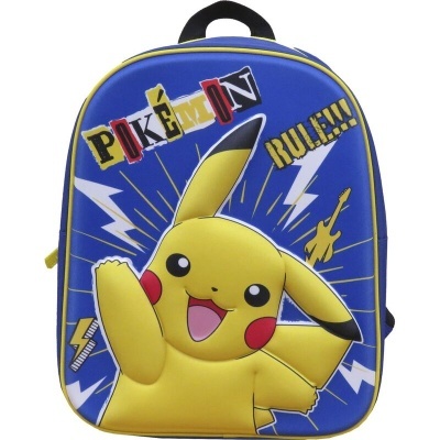 Mochila azul com Pikachu e texto Pokémon Rule