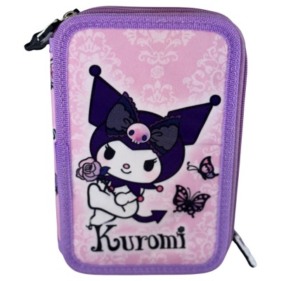 Estojo cor-de-rosa com personagem Kuromi e borboletas.