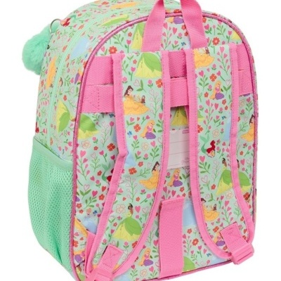 mochila infantil verde claro com padrão de princesas e flores, alças rosa, bolso lateral em rede e pompom verde