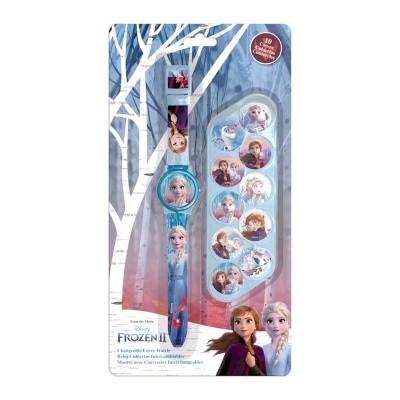 Relógio infantil Frozen II azul com imagens dos personagens e 10 tarjas autocolantes