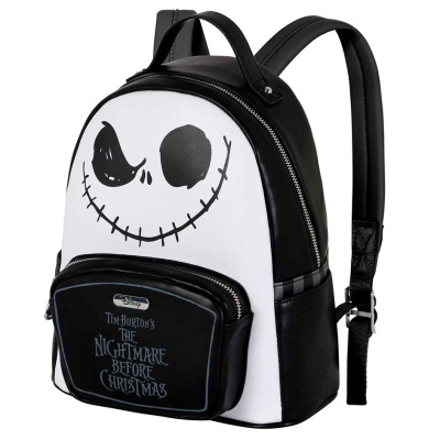 Mochila pequena preta e branca com rosto sorridente e texto Disney Tim Burton's The Nightmare Before Christmas