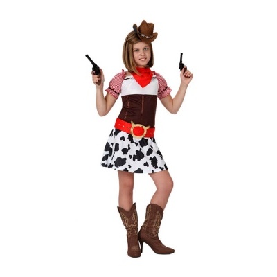 Fantasia infantil de cowgirl com chapéu, lenço, colete, saia com padrão de manchas e botas castanhas