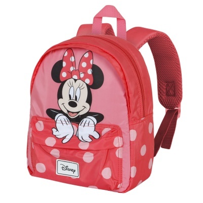 Mochila infantil vermelha e rosa com Minnie Mouse e bolinhas brancas