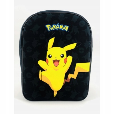 Mochila preta com estampa de Pikachu e texto Pokémon