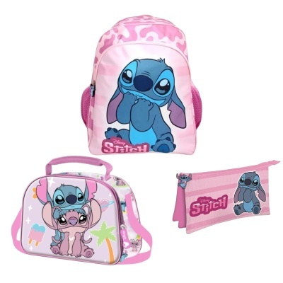 Conjunto rosa de mochila, bolsa e estojo com personagens Disney Stitch
