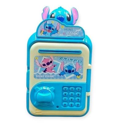 Cofre infantil azul e branco com personagens Stitch e teclado numérico