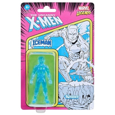 Figura de ação azul translúcida ICEMAN da Marvel Legends X-Men em embalagem rosa com ilustração do personagem.