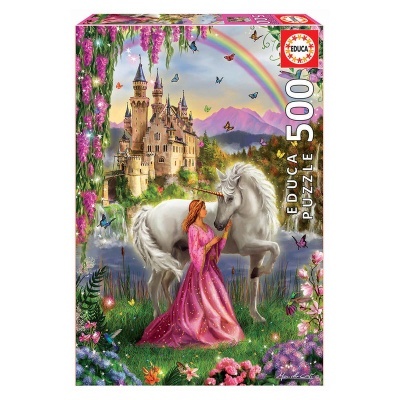 Caixa de puzzle 500 peças com castelo, unicórnio e mulher com vestido rosa em cenário colorido