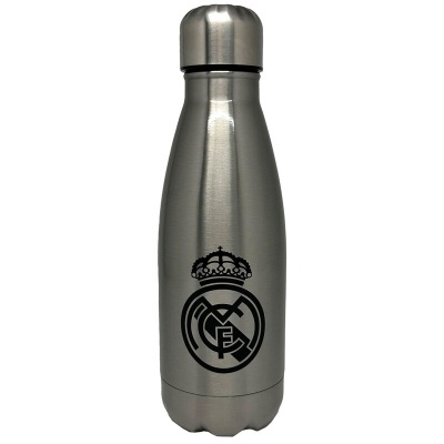 Garrafa de água prateada com logótipo Real Madrid