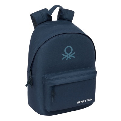 Mochila azul escura com bolso frontal e logótipos Benetton